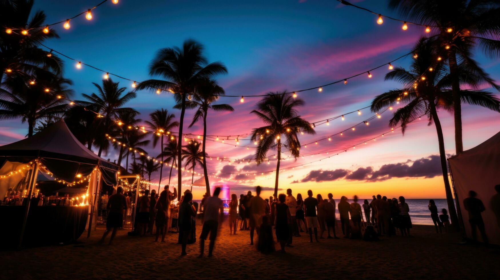 ai gegenereerd een strand partij met palm bomen en licht lamp slingers framing de tafereel foto