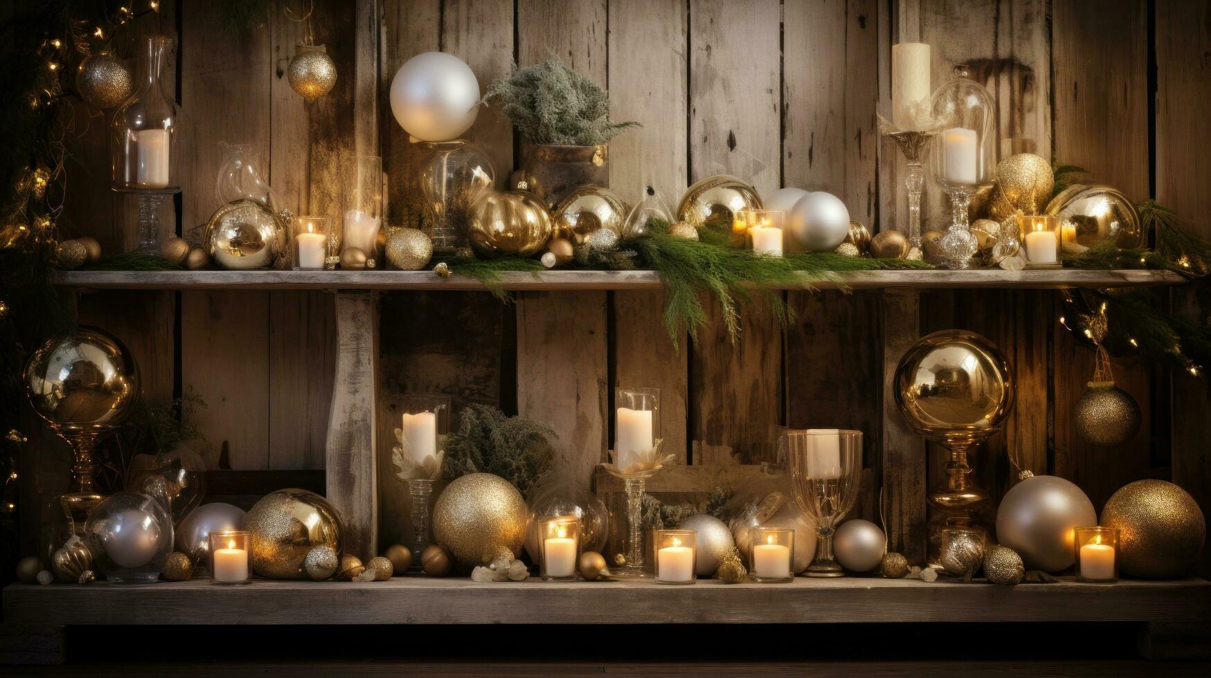 ai gegenereerd een warm en uitnodigend Kerstmis opstelling met gouden ornamenten, groen, en een rustiek hout achtergrond foto