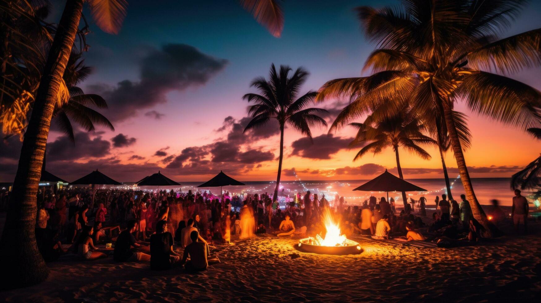 ai gegenereerd zanderig strand Bij nacht met een vreugdevuur, omringd door mensen dansen en gezelligheid foto