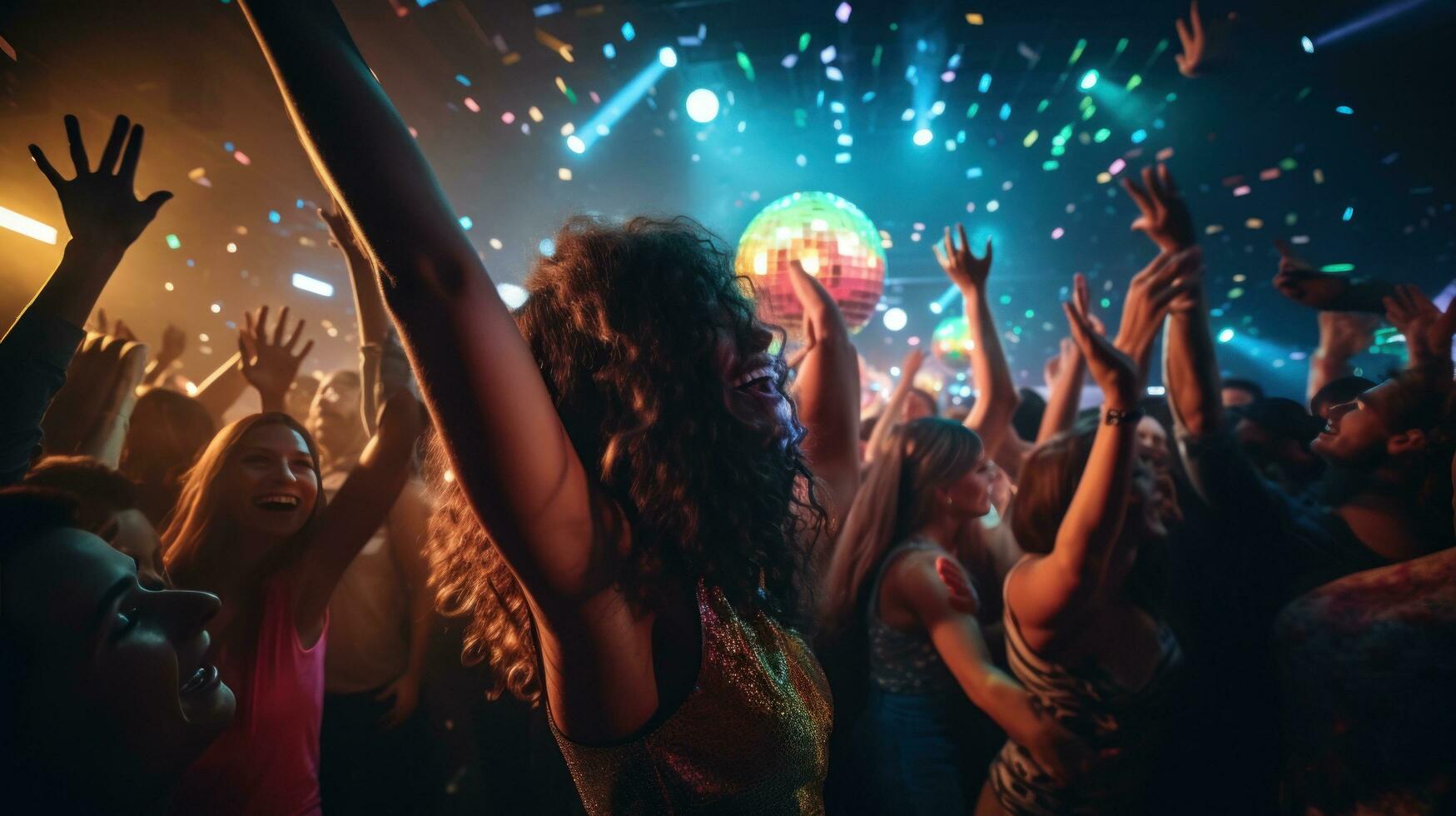 ai gegenereerd een groep van vrienden dansen samen onder kleurrijk lichten en een disco bal in een druk nachtclub foto