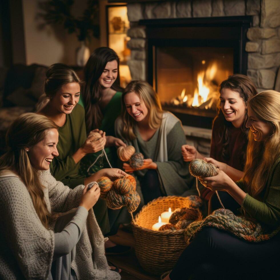 ai gegenereerd een groep van Dames breiwerk samen in een knus leven kamer met een haard in de achtergrond foto