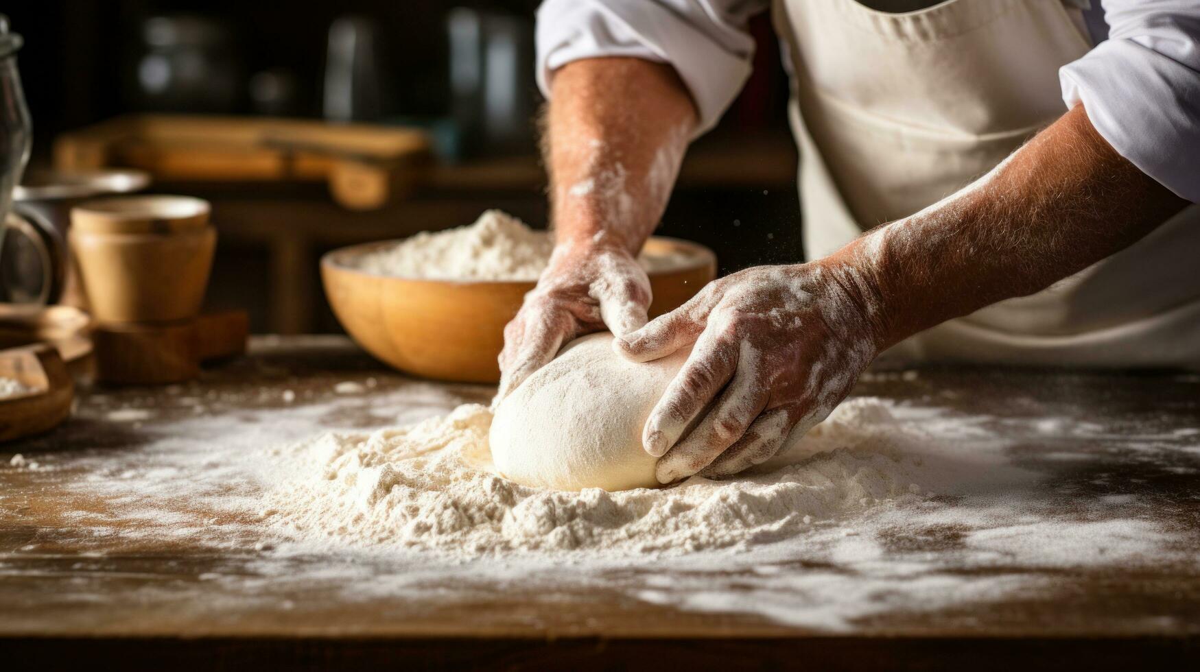 ai gegenereerd een openhartig schot van een bakker Afstoffen meel op een werk oppervlakte foto