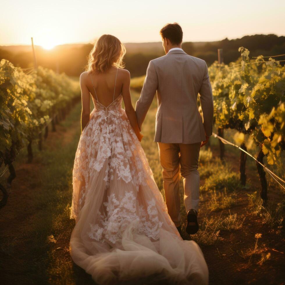 ai gegenereerd een bruid en bruidegom Holding handen terwijl wandelen door een wijngaard Bij zonsondergang foto
