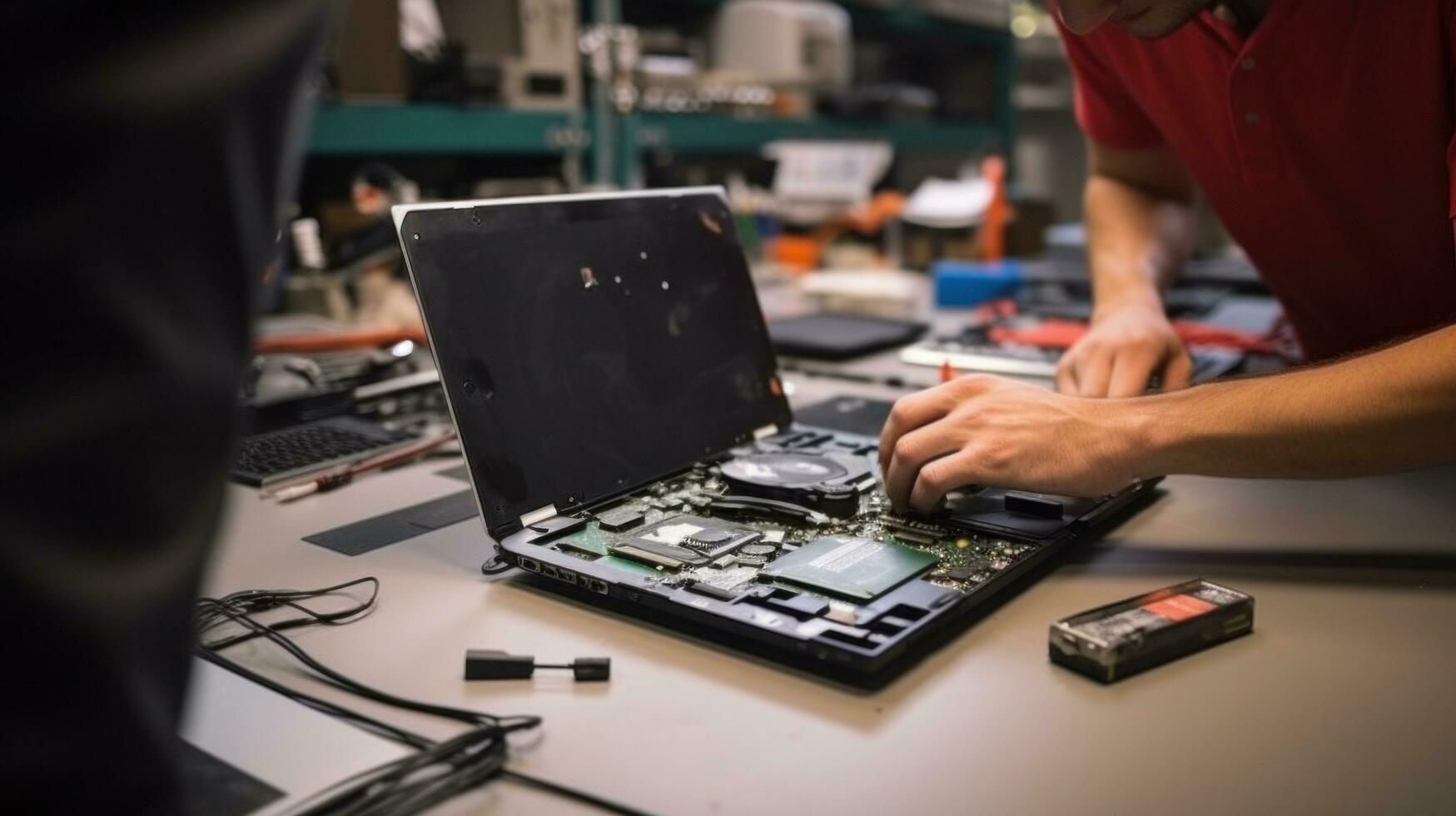 ai gegenereerd repareren een gebroken laptop in een werkplaats foto