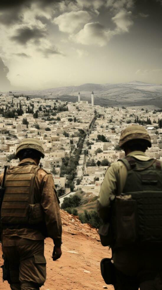 ai gegenereerd leger conflict tussen Israëliërs en Palestijnen, en de geheel midden- oosten- regio. foto
