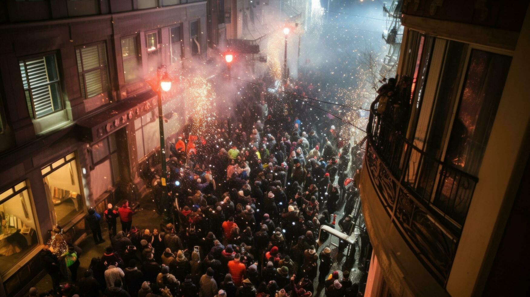 ai gegenereerd de straten zijn gevulde met feestvierders, verpakt in warm jassen, hoeden, en sjaals foto