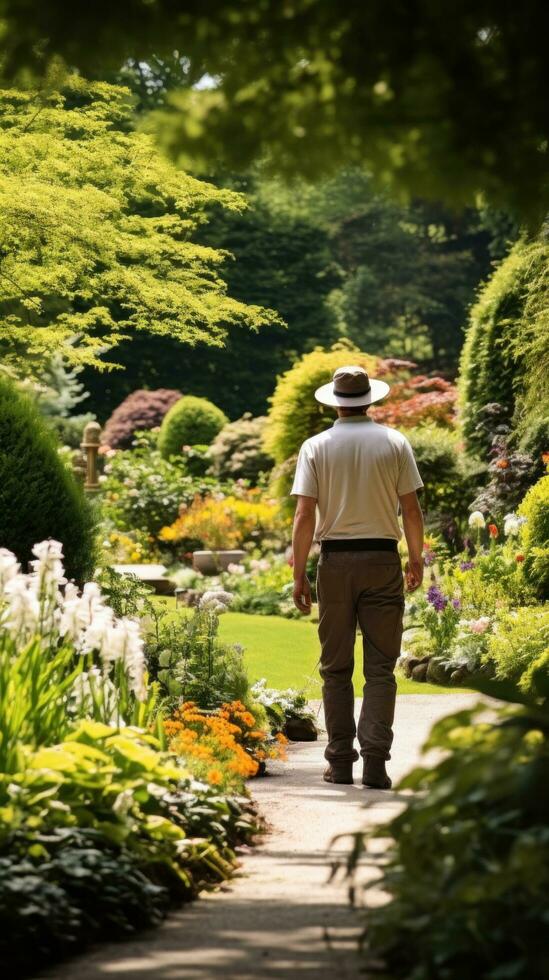 ai gegenereerd tuinman bewonderend hun tuin, staand tussen bloeiend bloemen en weelderig groen foto