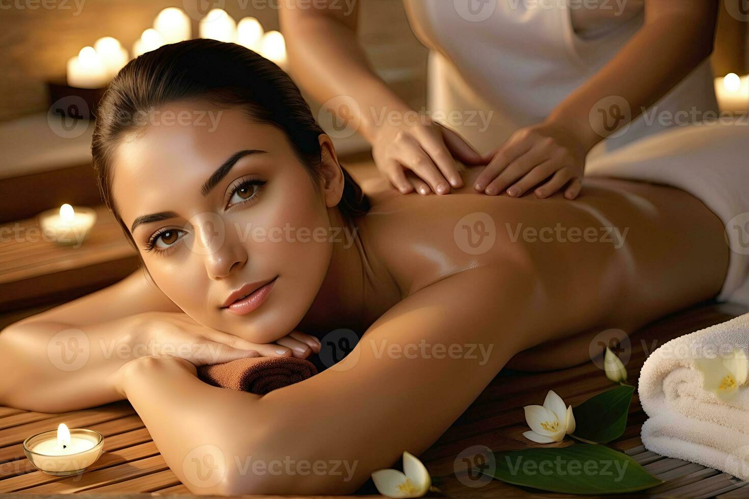 ai gegenereerd mooi vrouw ondergaan behandeling en het baden behandeling in spa studio foto