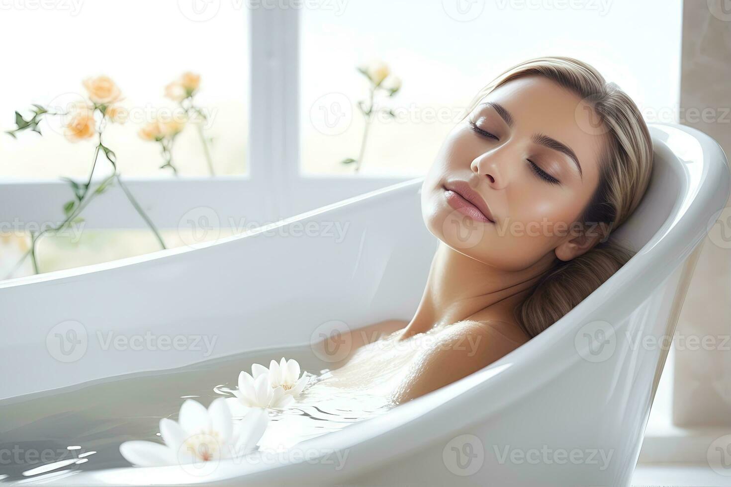 ai gegenereerd mooi vrouw ondergaan behandeling en het baden behandeling in spa studio foto