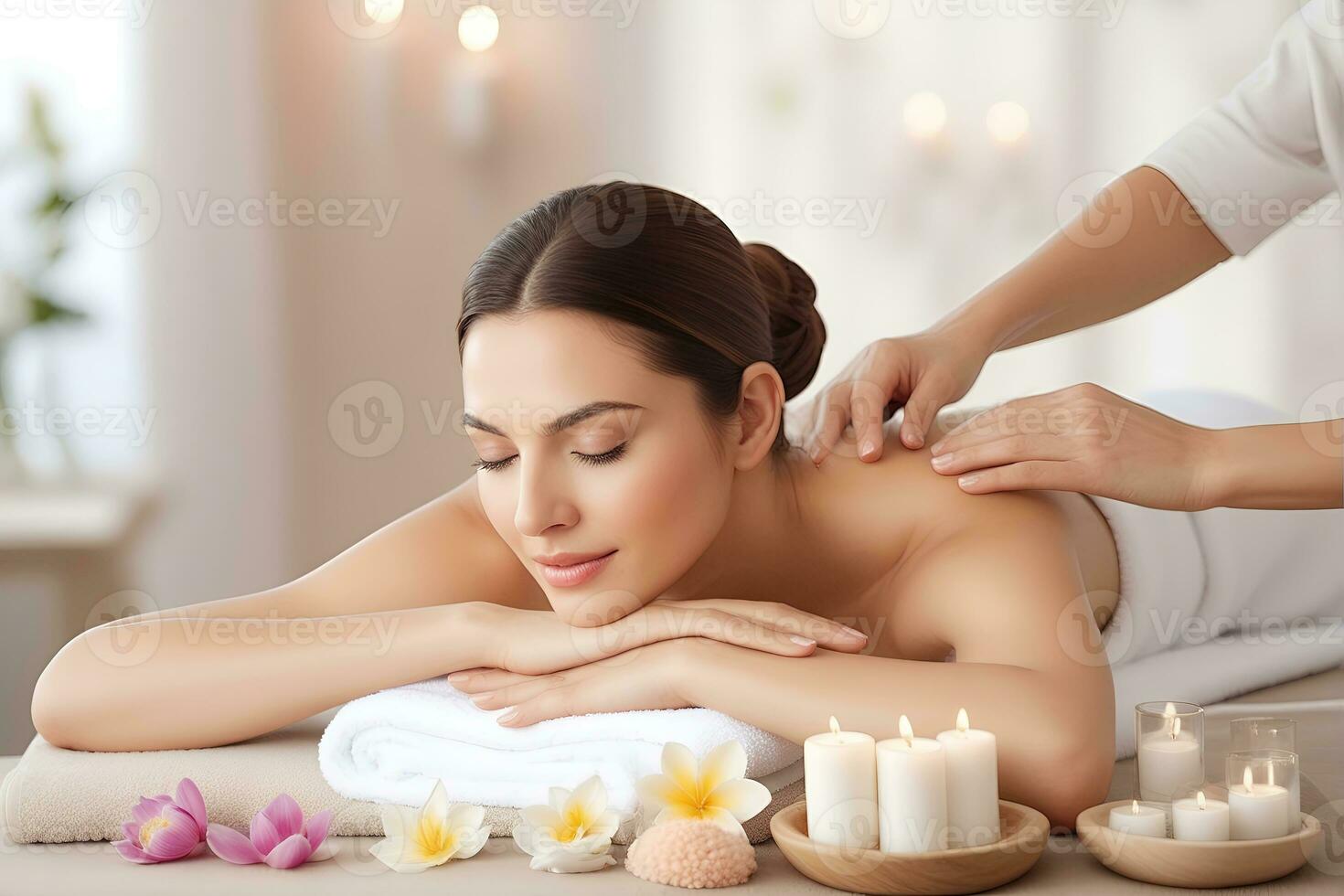 ai gegenereerd mooi vrouw ondergaan behandeling en het baden behandeling in spa studio foto