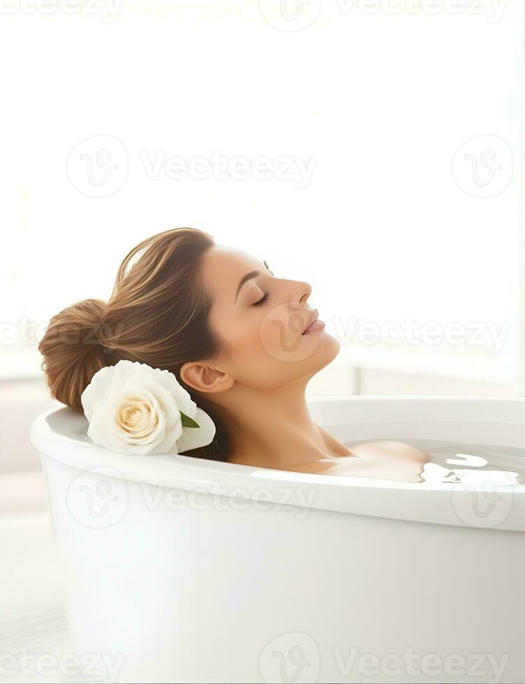 ai gegenereerd mooi vrouw ondergaan behandeling en het baden behandeling in spa studio foto