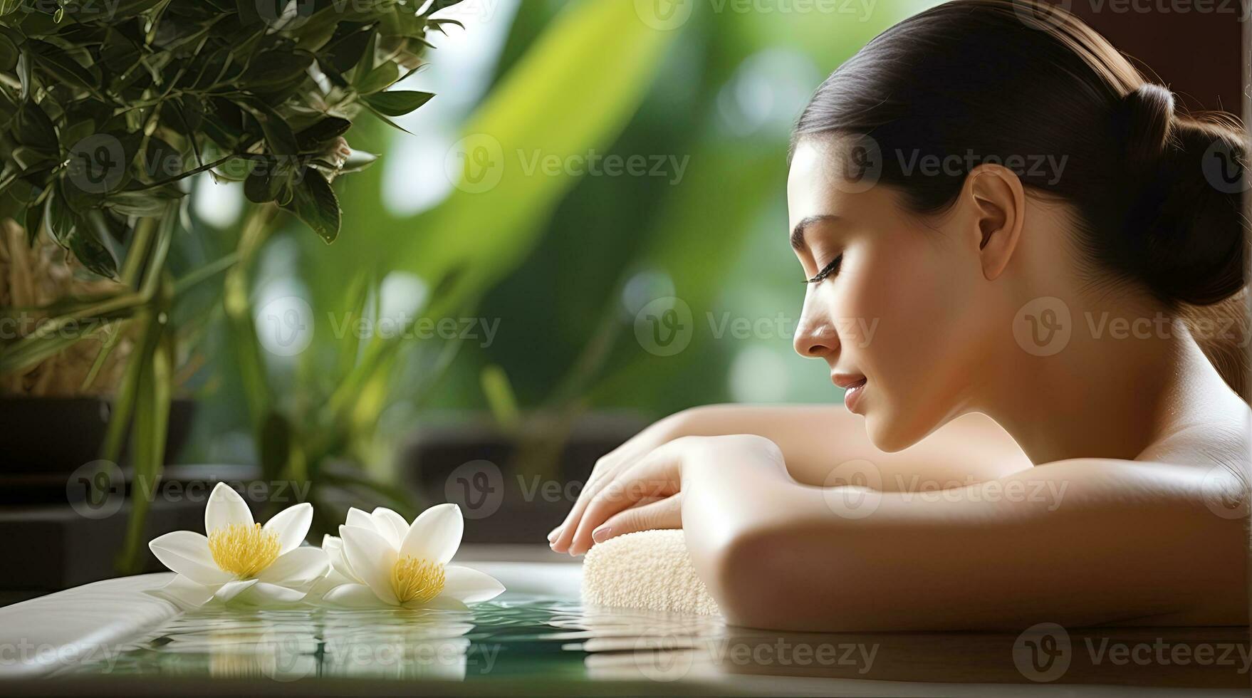 ai gegenereerd mooi vrouw ondergaan behandeling en het baden behandeling in spa studio foto