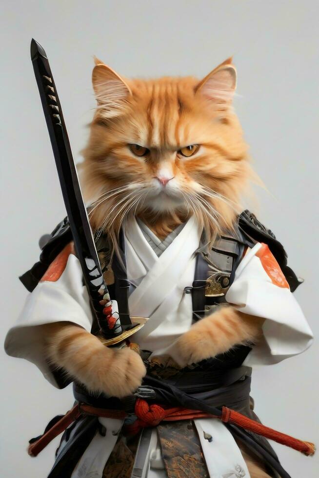 ai gegenereerd samurai kat realistisch Holding een katana zwaard foto