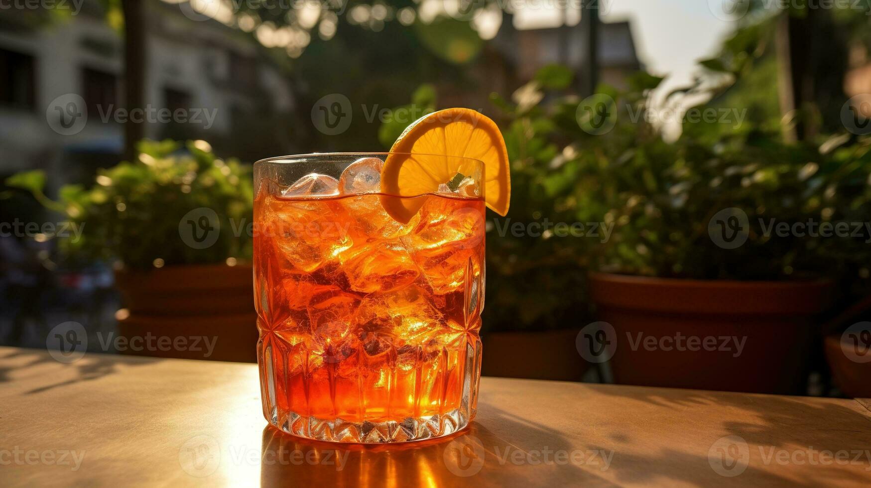 ai gegenereerd generatief ai, glas van aperol spritz Aan houten tafel met vervagen achtergrond met lichten van straat bar, cafe of restaurant foto