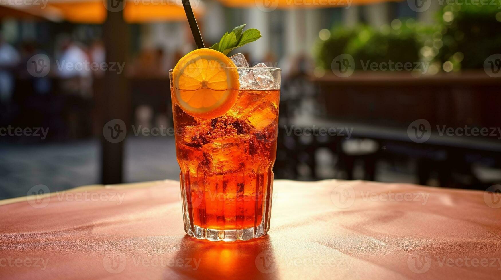 ai gegenereerd generatief ai, glas van aperol spritz Aan houten tafel met vervagen achtergrond met lichten van straat bar, cafe of restaurant foto