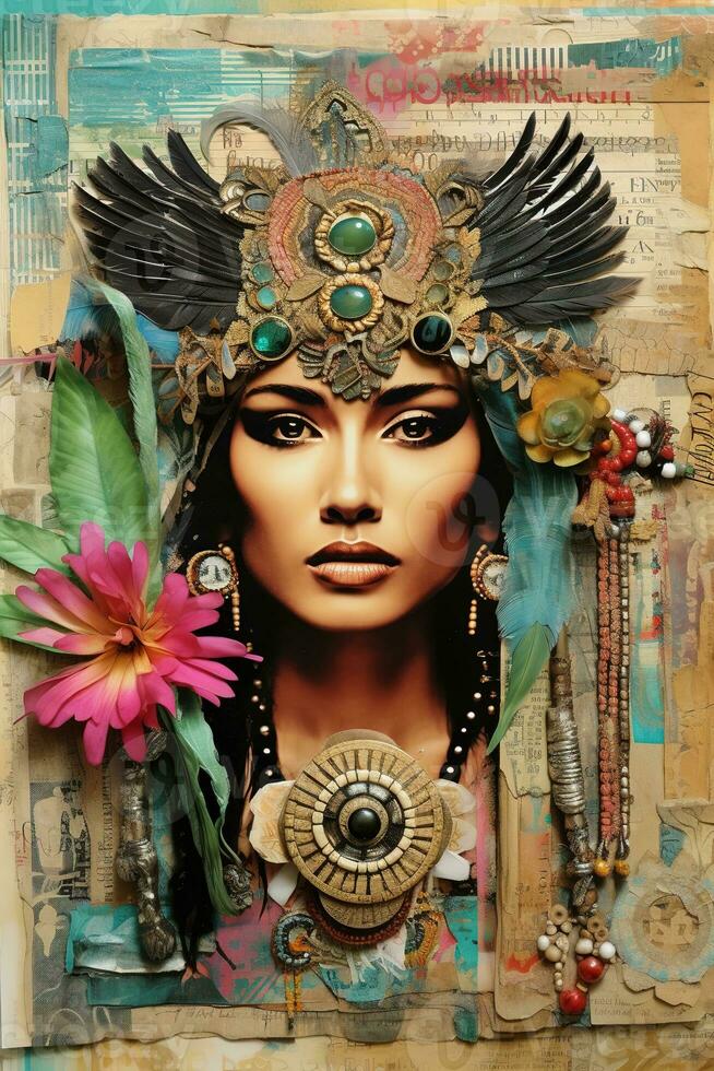 ai gegenereerd generatief ai, geschilderd aztec vrouw Aan logboek collage, traditioneel ritueel masker foto