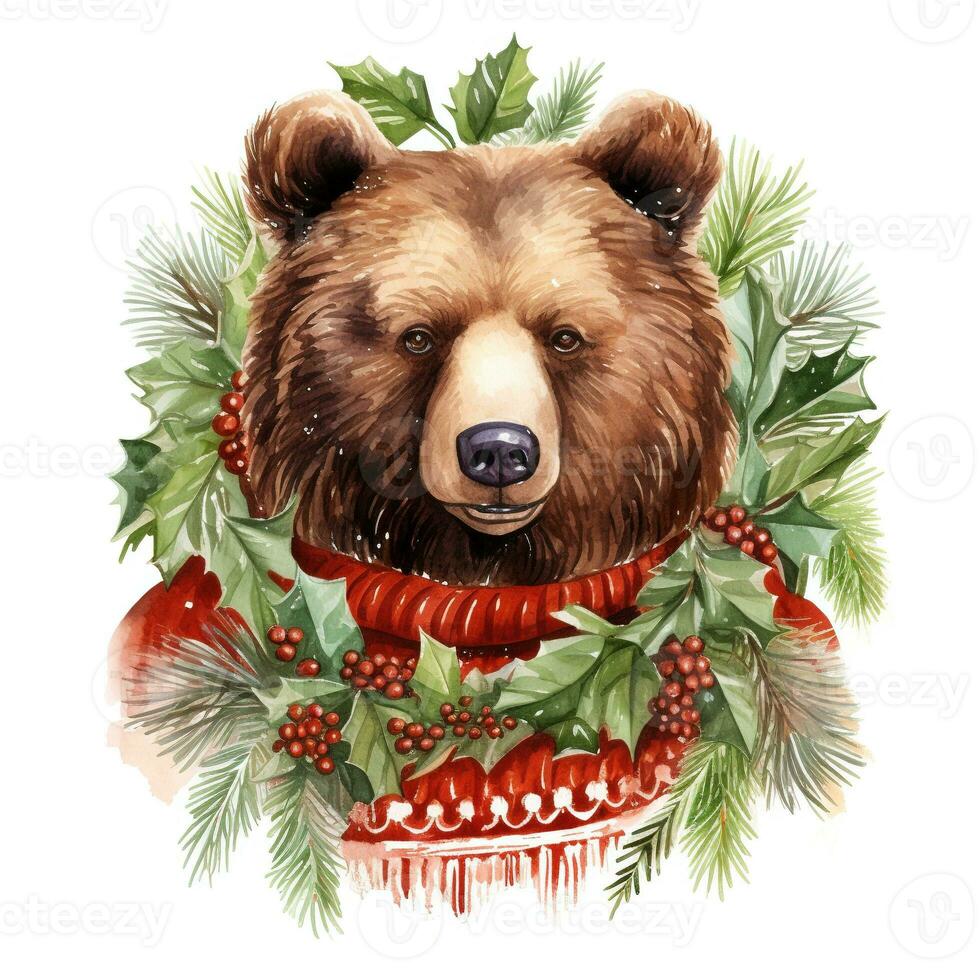 ai gegenereerd generatief ai, schattig wild beer dier, Kerstmis hoed en lelijk truien, waterverf stijl. foto