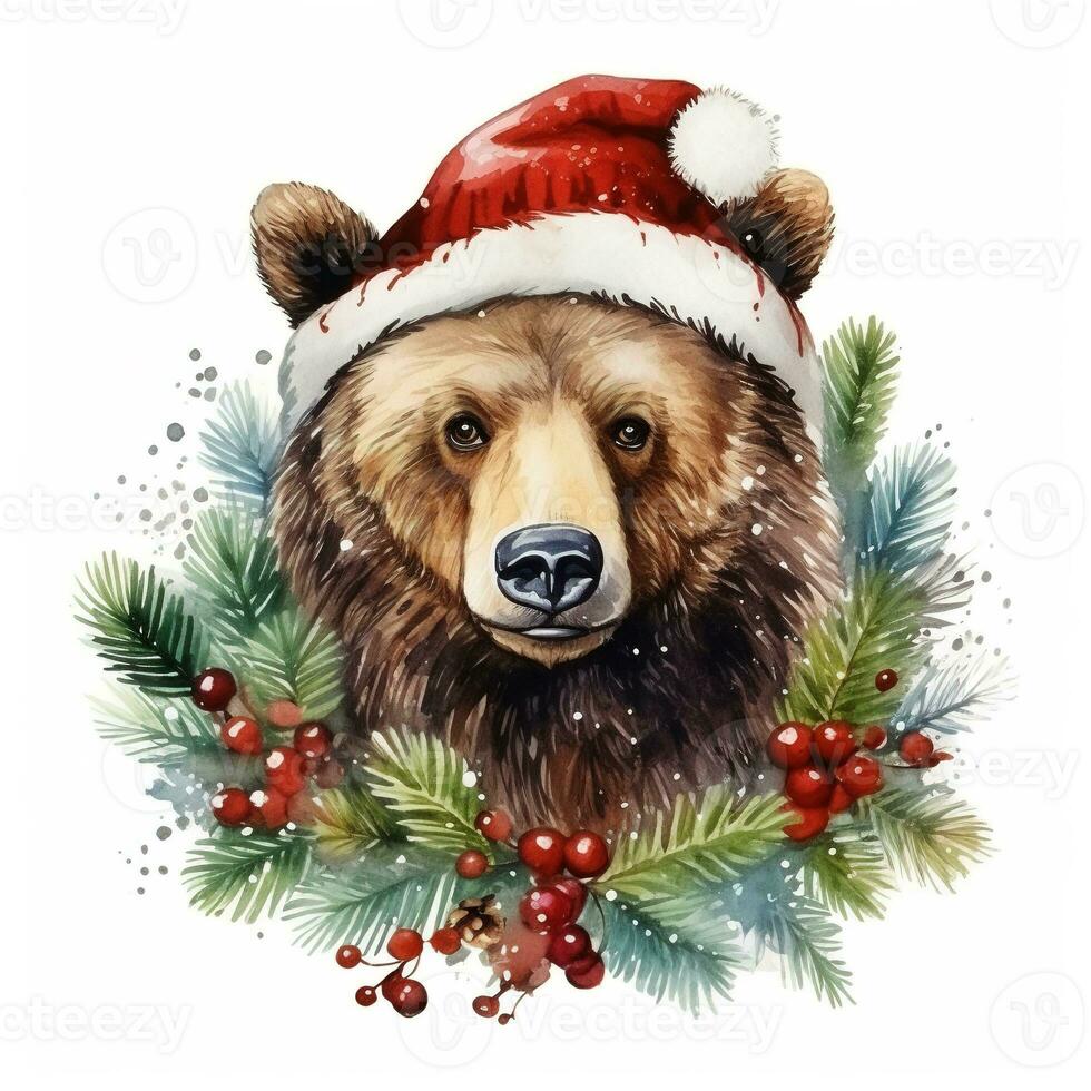 ai gegenereerd generatief ai, schattig wild beer dier, Kerstmis hoed en lelijk truien, waterverf stijl. foto