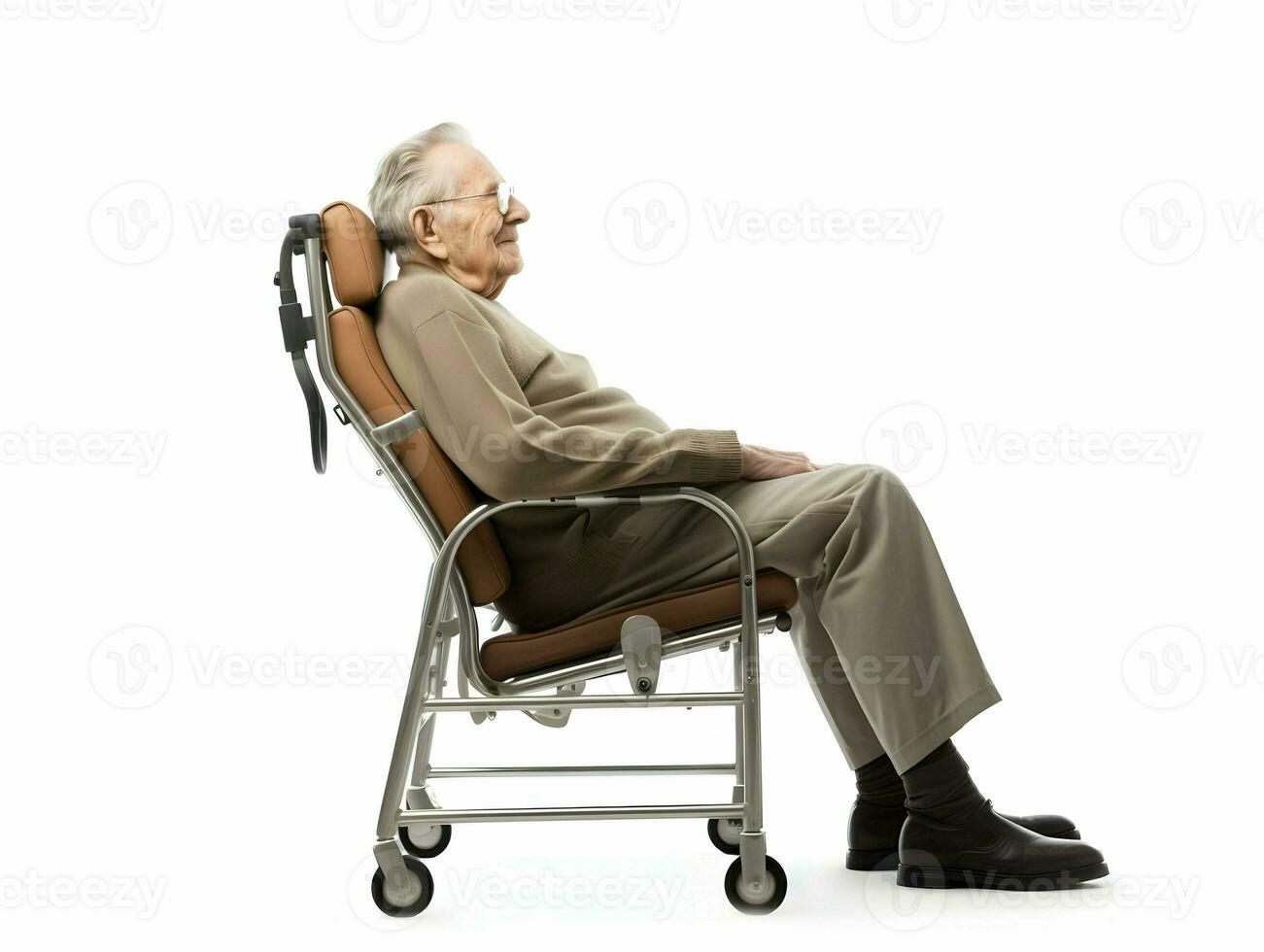 ai gegenereerd oud Mens zittend in een bruin infusie stoel geïsoleerd Aan een wit achtergrond. hoog kwaliteit. ai generatief foto