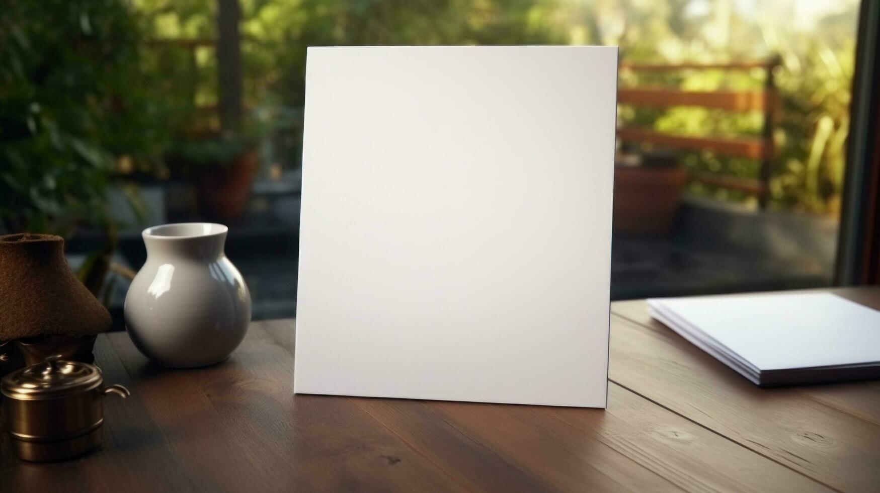 ai gegenereerd kladblok met blanco voorkant, realistisch Aan een mockup sjabloon in een tafel in een luxe huis foto