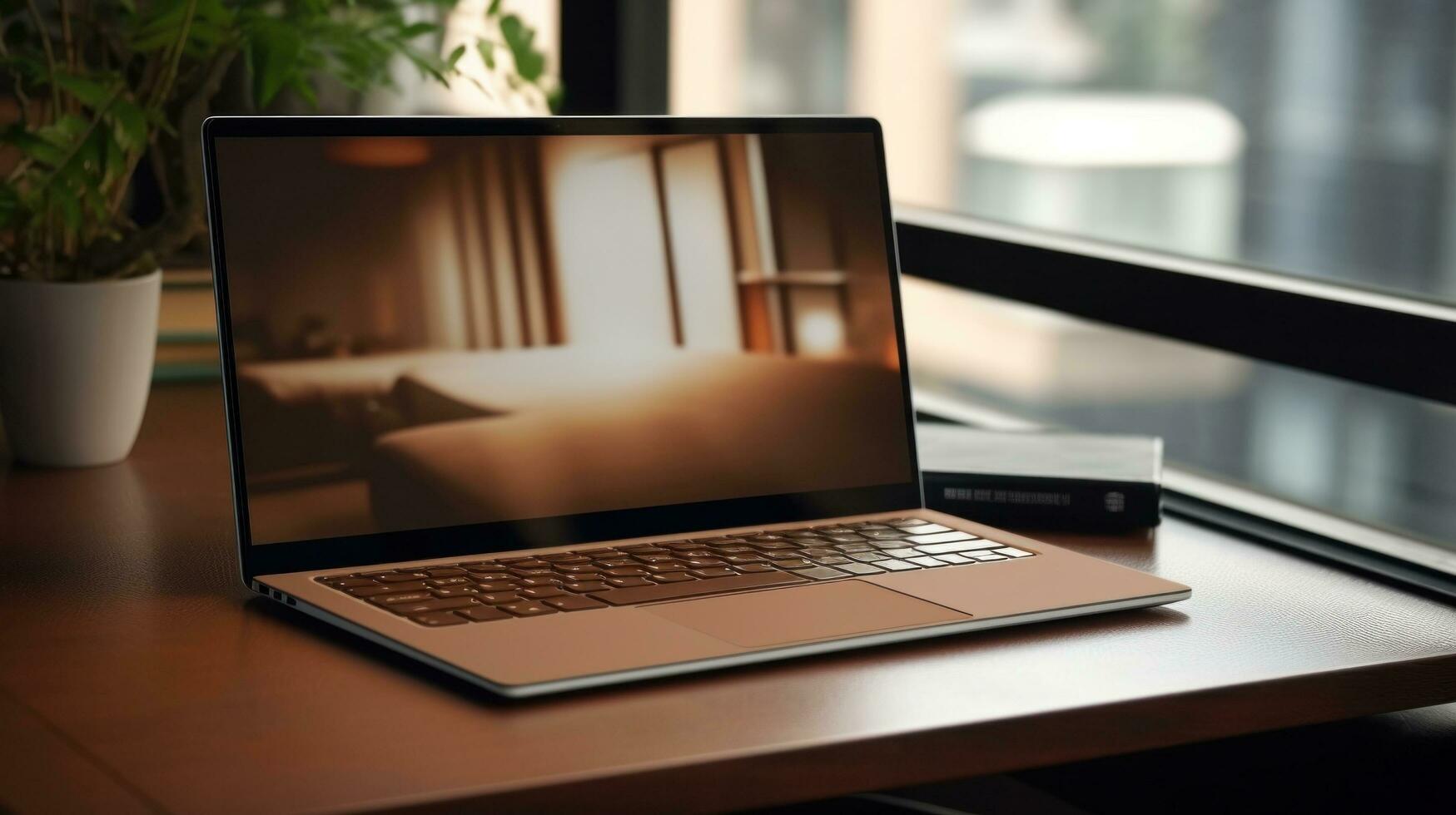 ai gegenereerd laptop met blanco voorkant, realistisch Aan een mockup sjabloon in een tafel in een luxe kantoor, foto