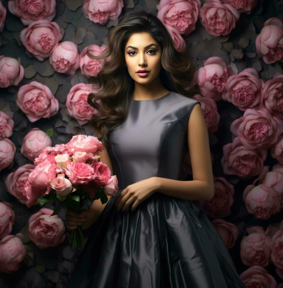 ai gegenereerd schoonheid deva shaliva, in een grijs jurk in voorkant van roze bloemen, foto