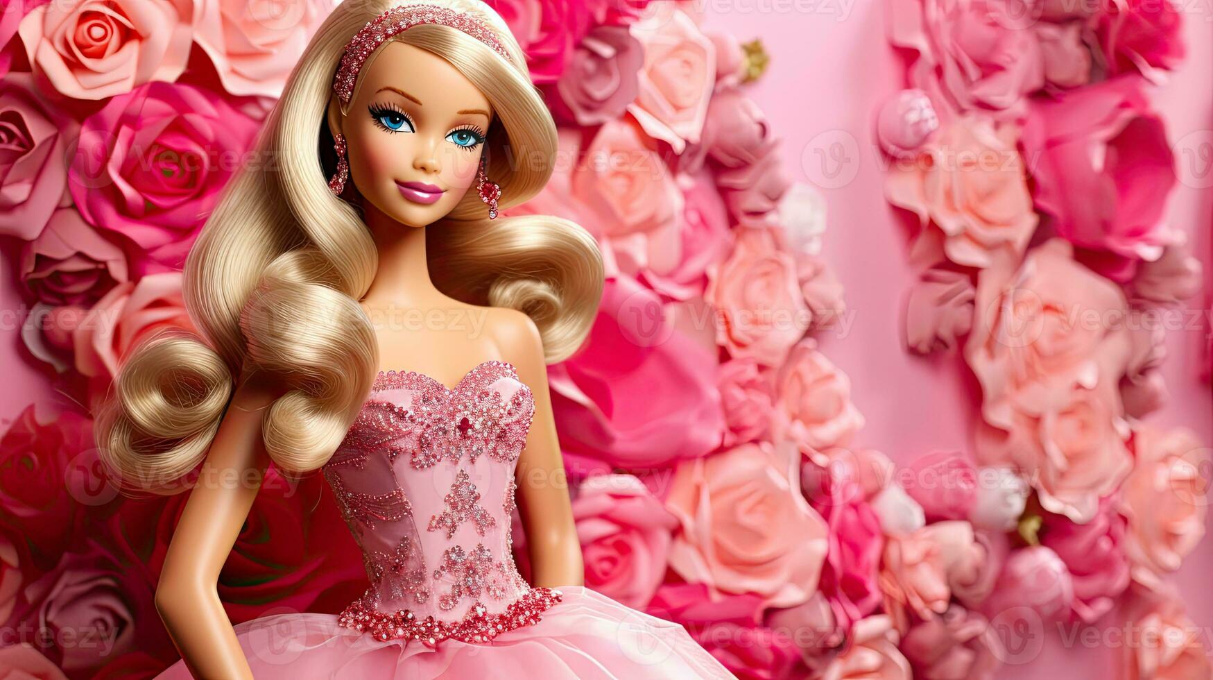 ai gegenereerd pop in roze avond jurk geborduurd met kralen Aan roze bloemen achtergrond. Barbie stijl pop met een kroon Aan haar hoofd en roze rozen in de achtergrond. foto