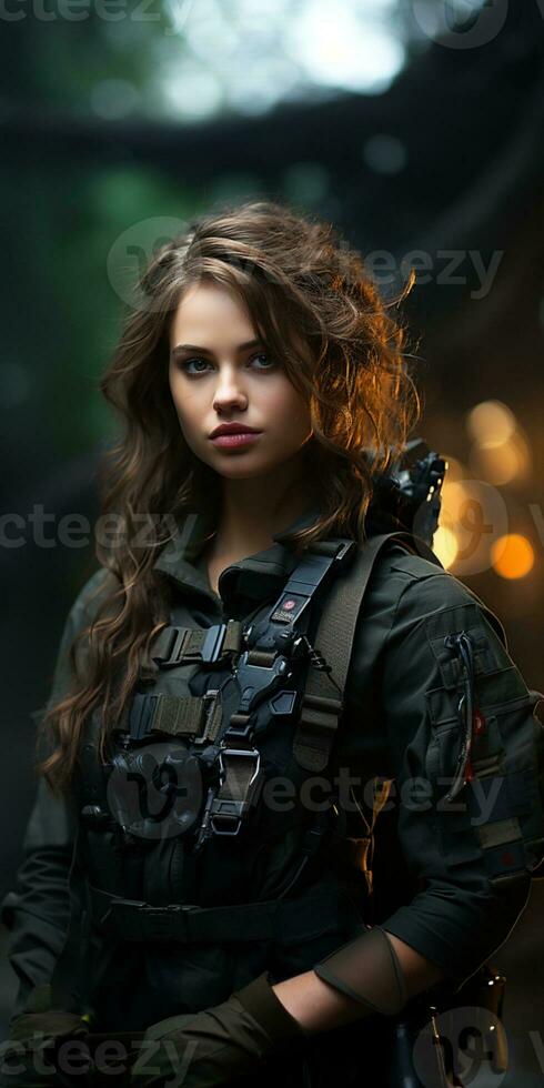 ai gegenereerd mooi jong meisje in vol lengte leger uniform met wapen in handen.aangedreven door kunstmatig intelligentie- foto