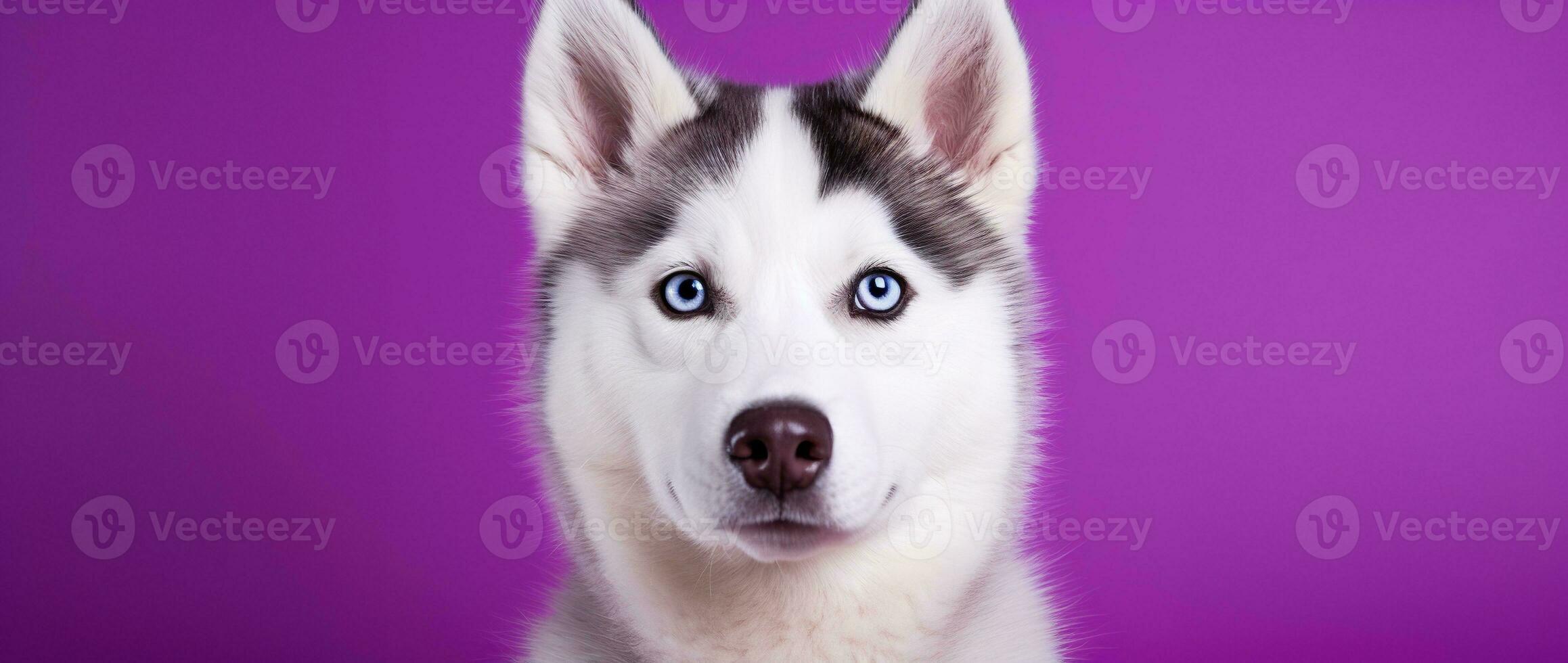 ai gegenereerd een detailopname portret van een schor hond met blauw ogen en een Purper achtergrond foto