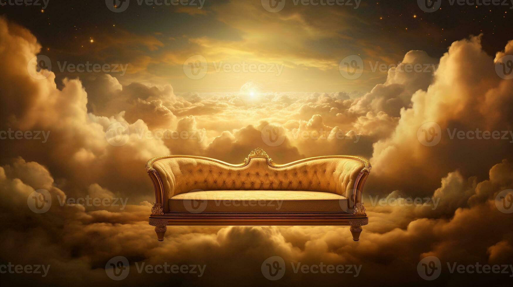 ai gegenereerd generatief ai, gouden en wit fantastisch 3d wolken met sofa in de lucht. teder kleuren en met helder lichten. foto