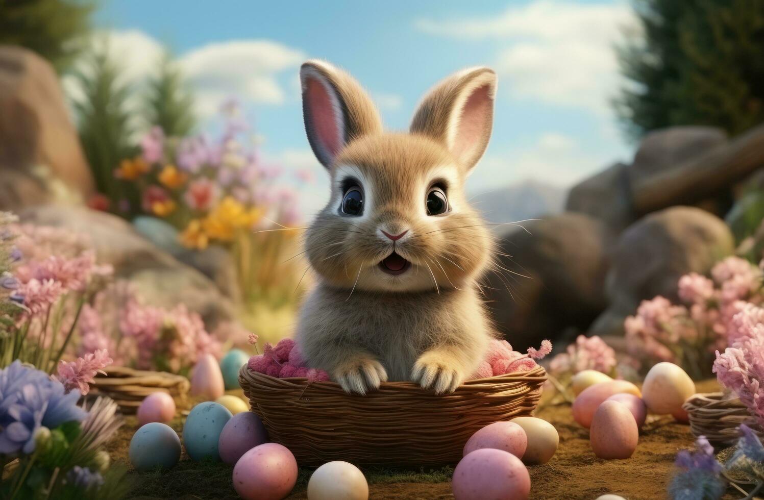 ai gegenereerd schattig konijn met gekleurde eieren dat zijn verzameld Aan de grond, foto