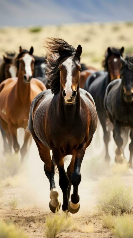 ai gegenereerd een kudde van wild mustangs rennen aan de overkant een woestijn landschap foto