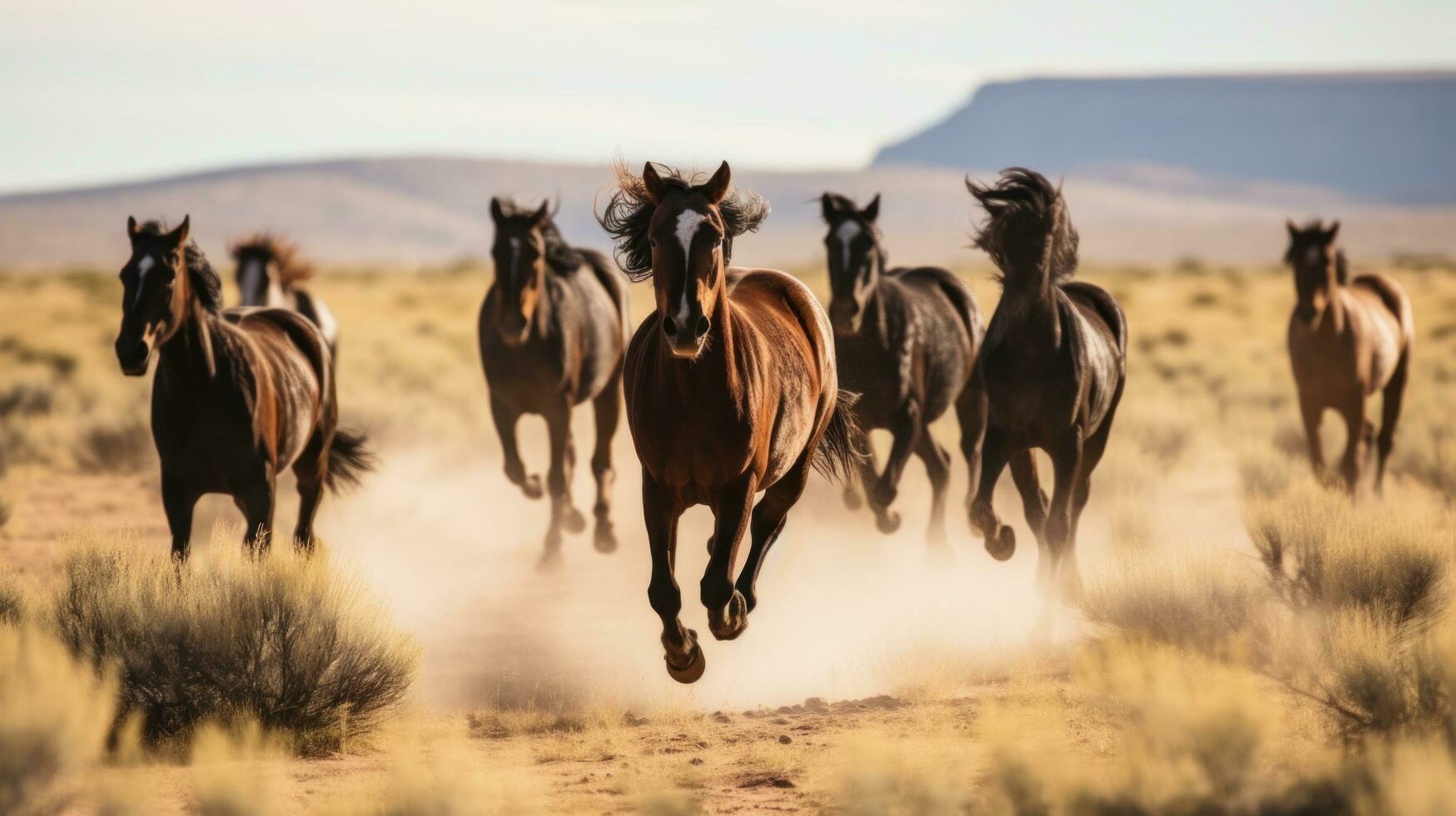 ai gegenereerd een kudde van wild mustangs rennen aan de overkant een woestijn landschap foto