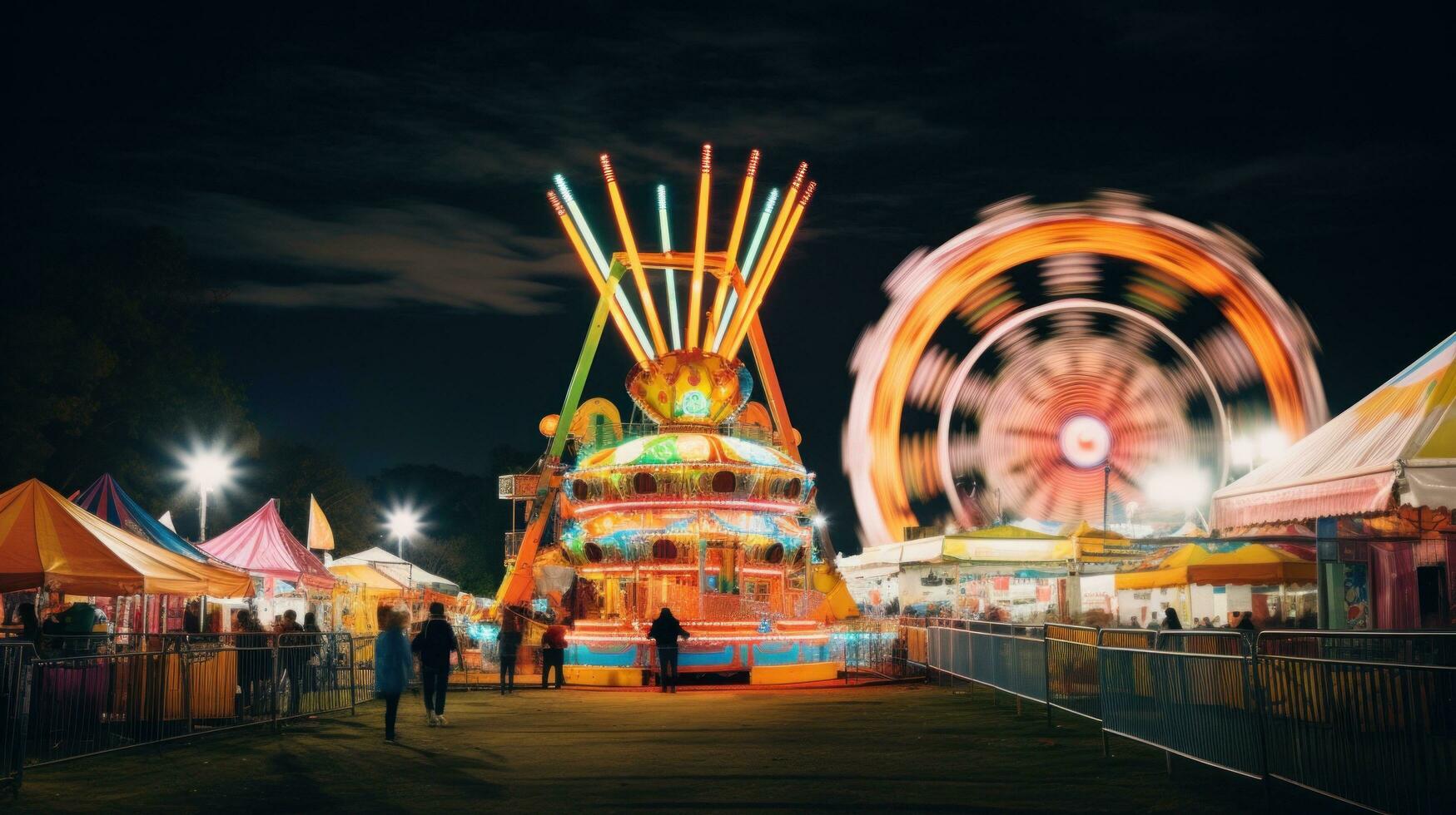 ai gegenereerd sensatie van carnaval rijdt, met helder lichten en een bruisend carnaval atmosfeer in de achtergrond. foto