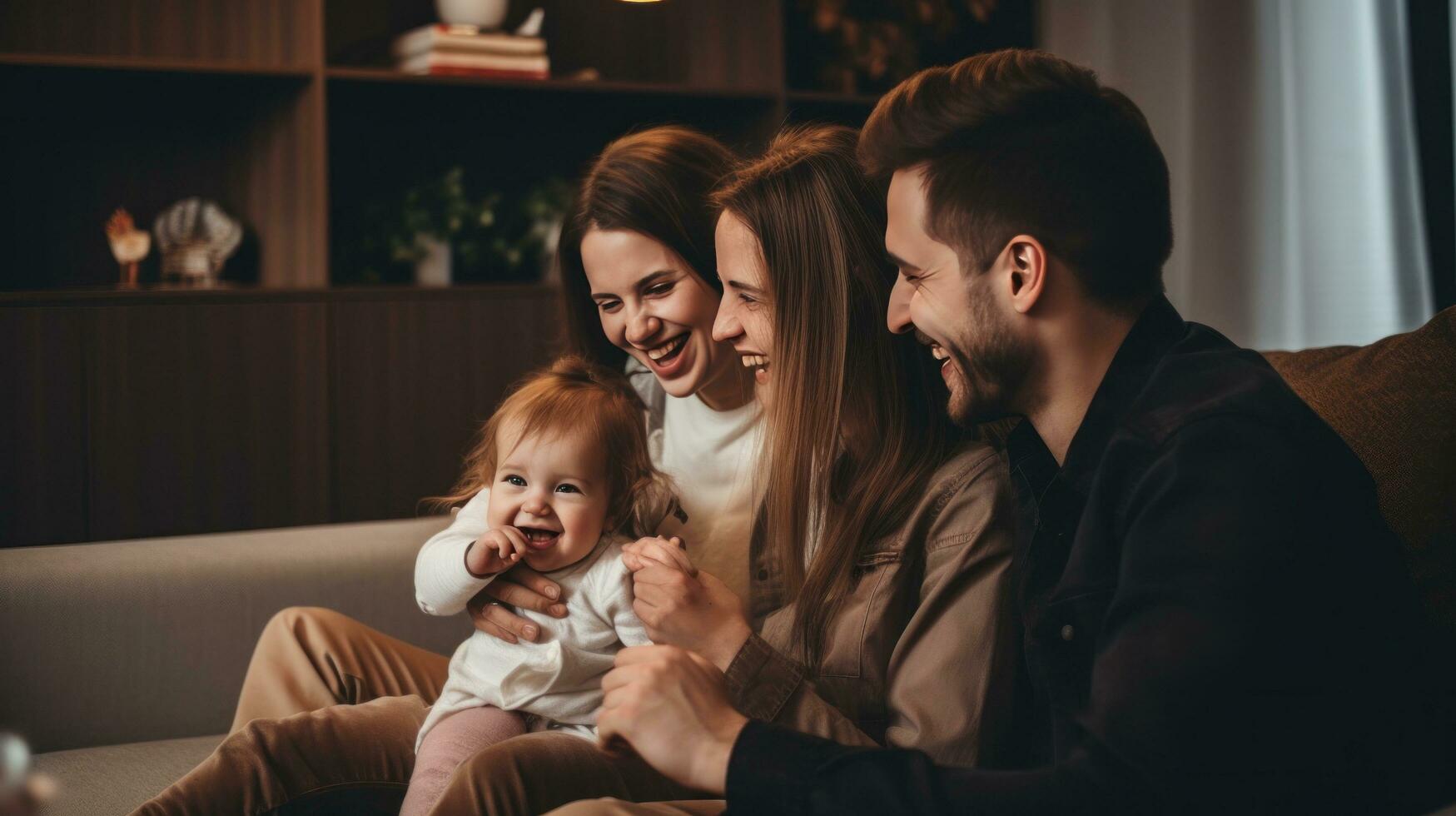 ai gegenereerd een jong familie van drie, met een baby in de vader armen, aan het kijken een komedie tonen Aan TV foto