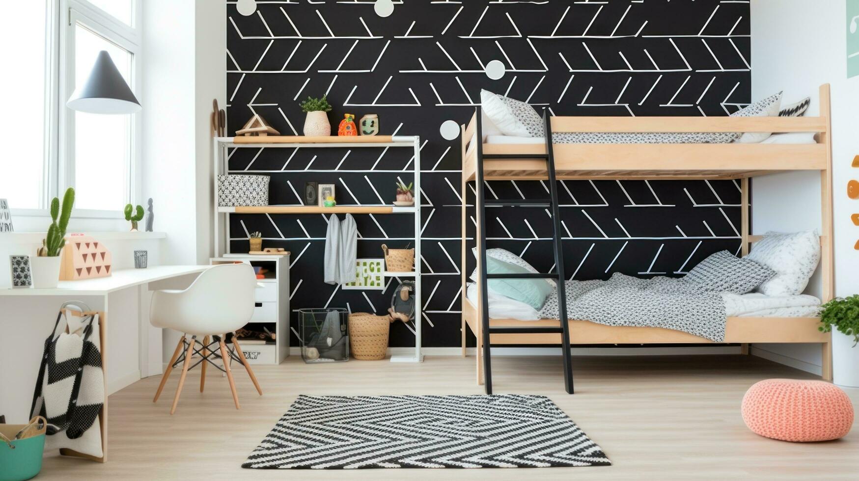 ai gegenereerd modieus kinderen kamer met een zwart en wit behang accent muur, een houten stapelbed bed foto