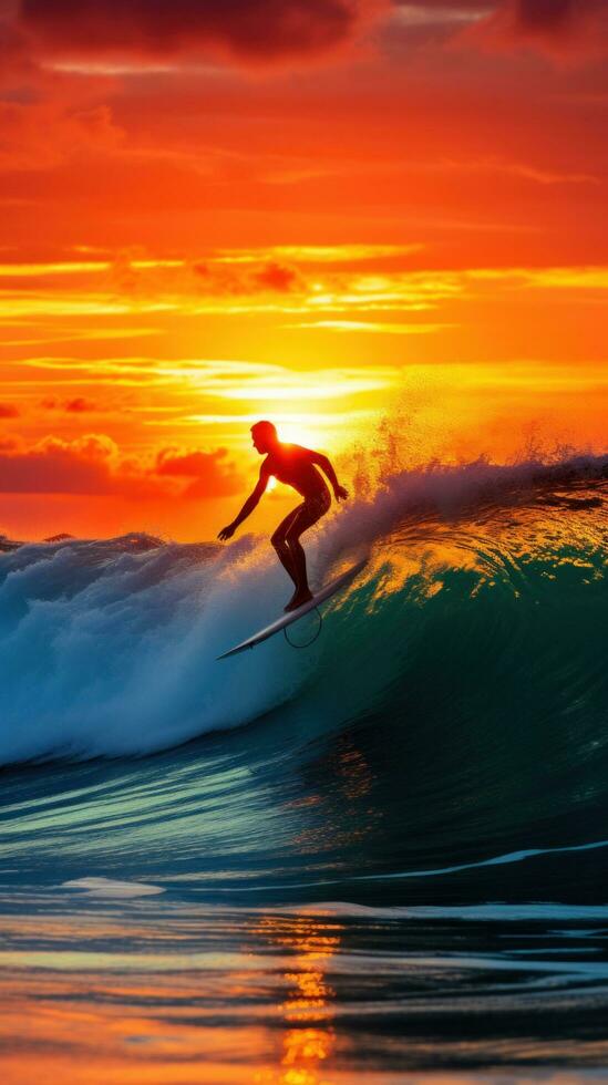 ai gegenereerd een surfer rijden een Golf in de oceaan, met de zon instelling achter hen foto