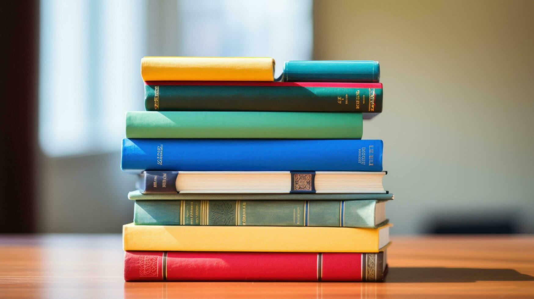 ai gegenereerd een stack van boeken met kleurrijk stekels, vertegenwoordigen een verscheidenheid van onderwerpen en academisch disciplines foto