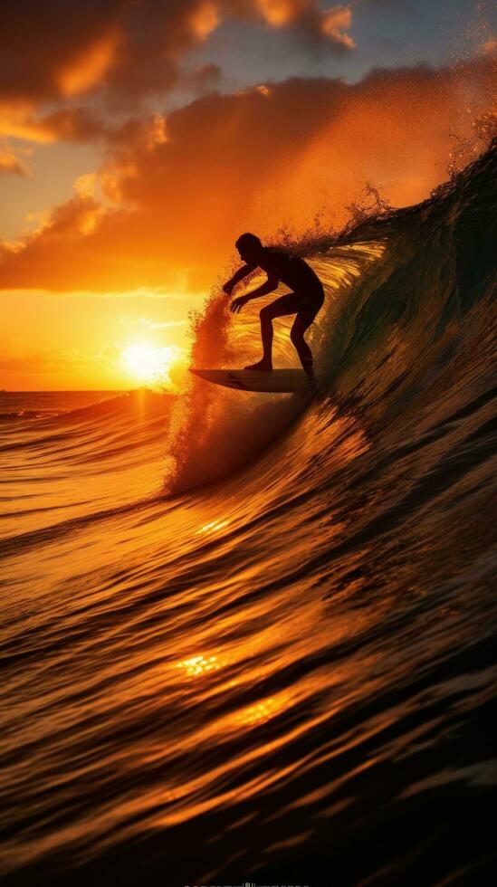ai gegenereerd een surfer rijden een Golf in de oceaan, met de zon instelling achter hen foto