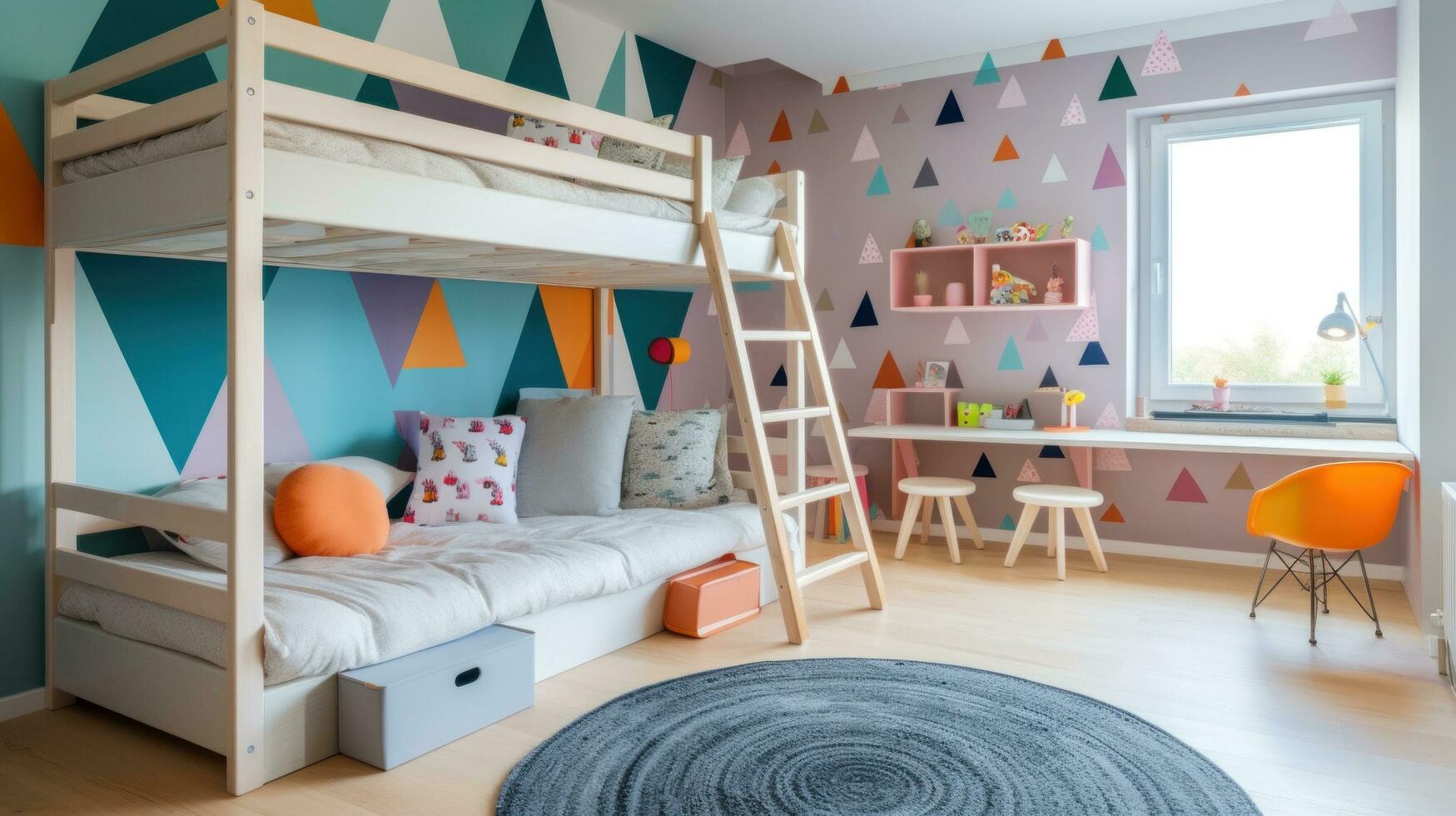 ai gegenereerd een speels kinderen kamer met een kleurrijk behang accent muur, een houten stapelbed bed met een ladder foto