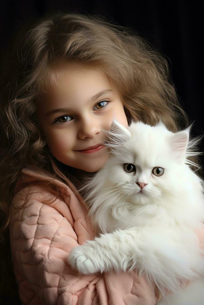 ai gegenereerd jong meisje Holding een pluizig wit katje in haar armen, beide op zoek inhoud en gelukkig foto