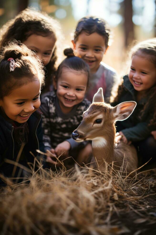 ai gegenereerd groep van kinderen verzameld in de omgeving van een baby hert, glimlachen en voorzichtig kinderboerderij haar zacht vacht foto