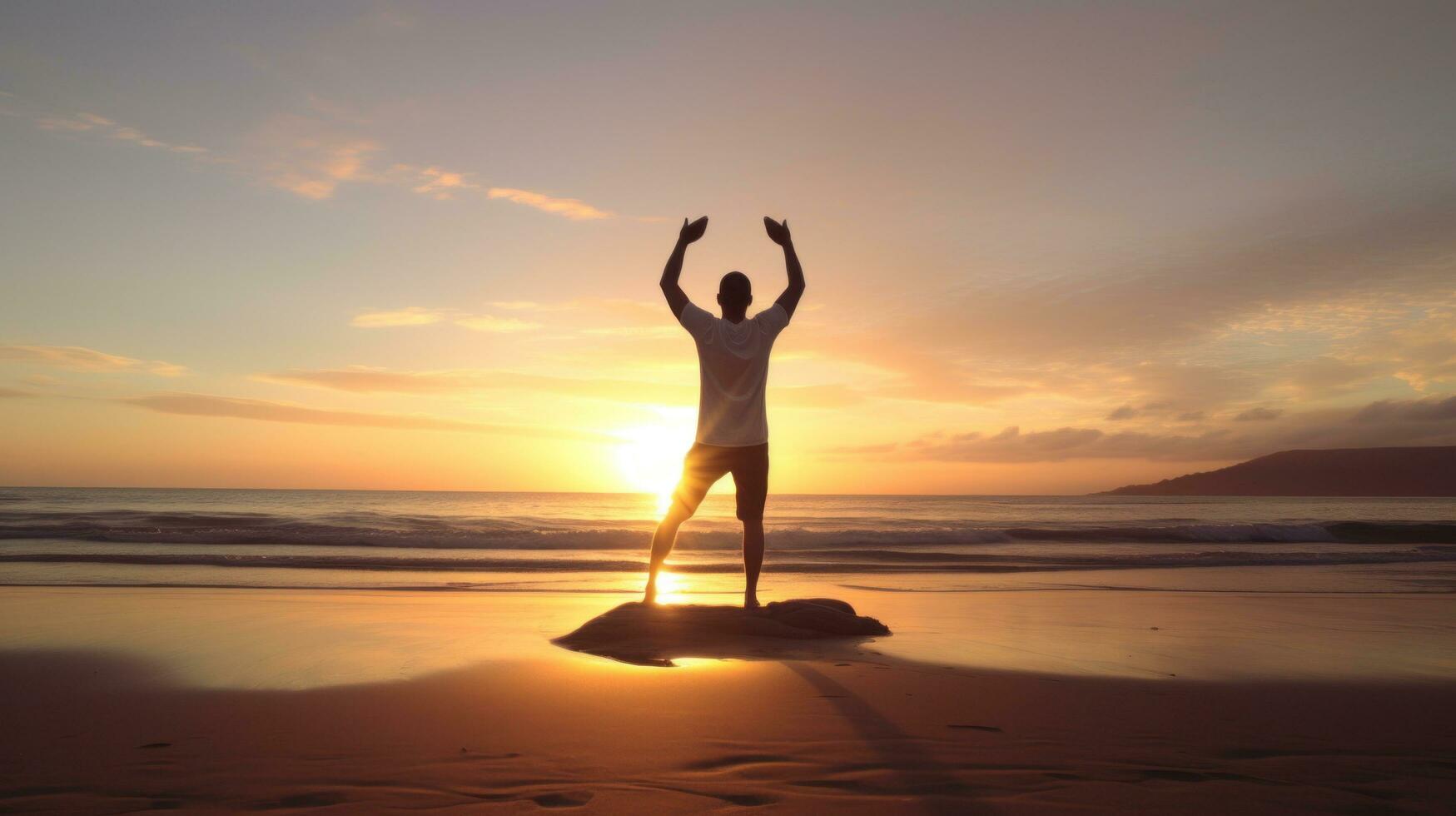 ai gegenereerd een Mens aan het doen yoga Aan een strand, met de oceaan en zonsopkomst in de achtergrond foto