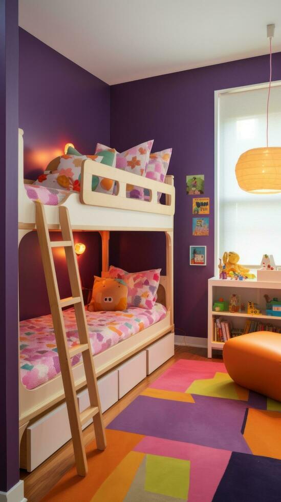 ai gegenereerd kinderen kamer met een Purper accent muur, een houten stapelbed bed met een ladder foto