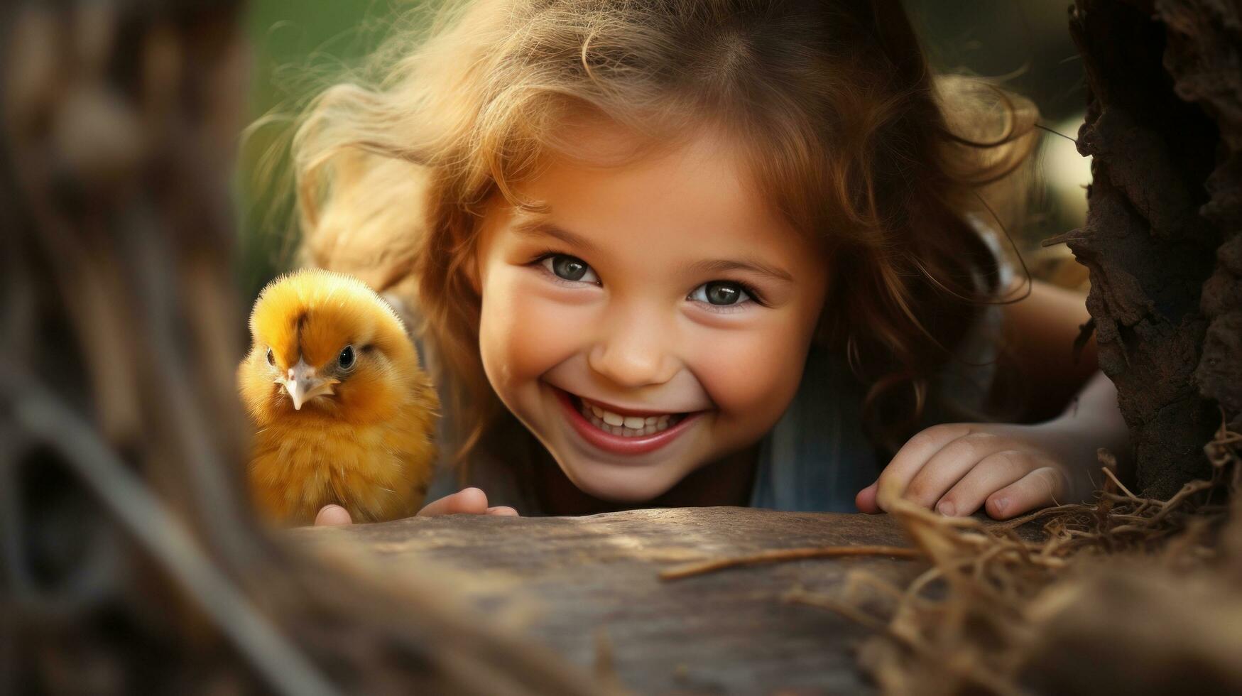 ai gegenereerd jong meisje spelen Kiekeboe met een klein kuiken, beide van hen stralend met vreugde foto