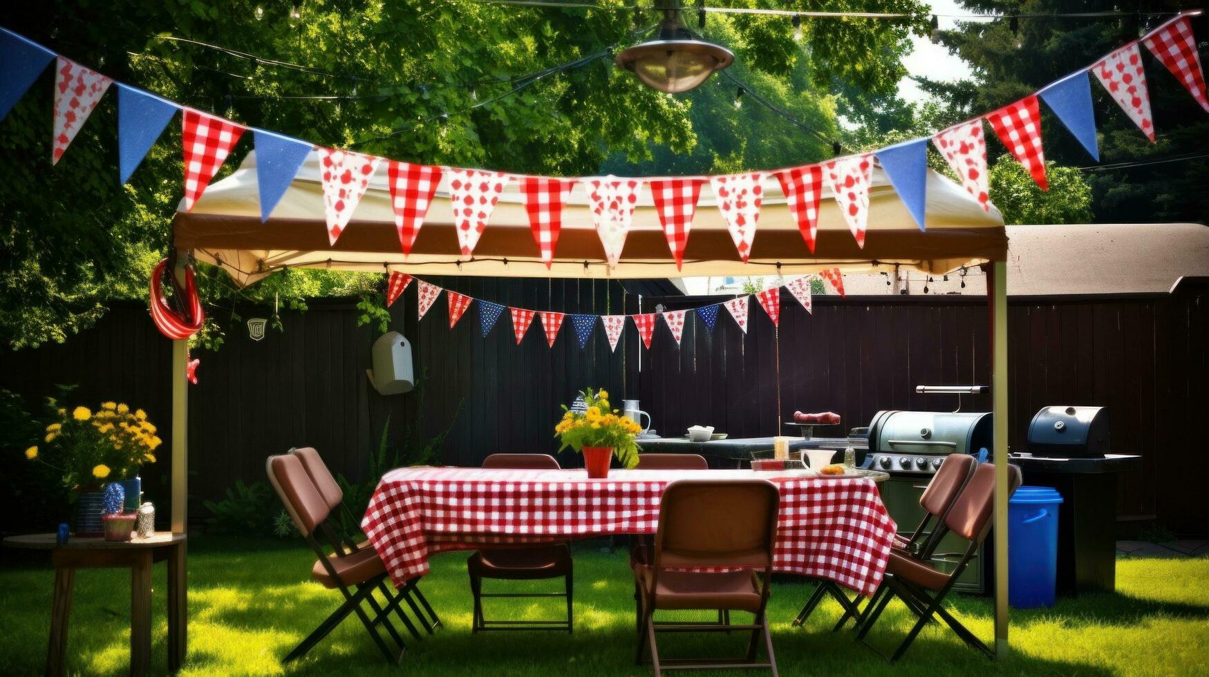 ai gegenereerd een pret en gewoontjes foto van een familie bbq met Amerikaans vlaggen en vlaggedoek decoreren de achtertuin