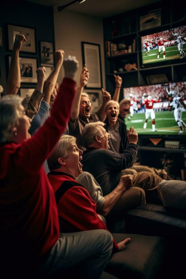 ai gegenereerd een uitgebreid familie van grootouders, ouders, en kinderen verzameld in de omgeving van een groot scherm TV, foto