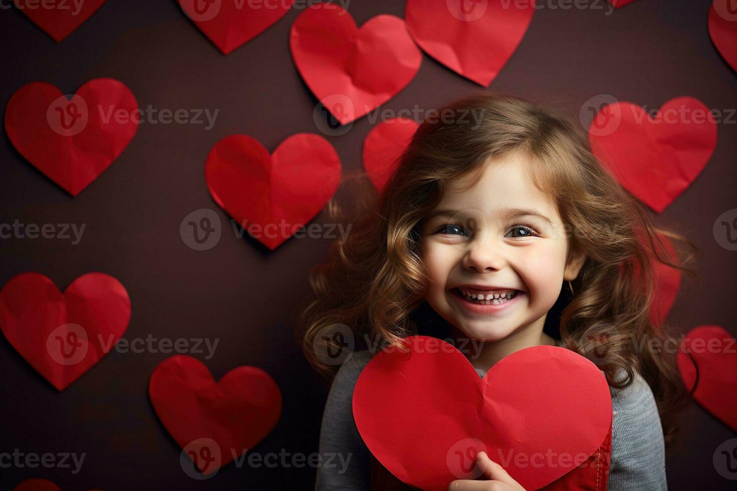 ai gegenereerd portret van een schattig weinig meisje met rood hart Aan valentijnsdag dag concept. foto