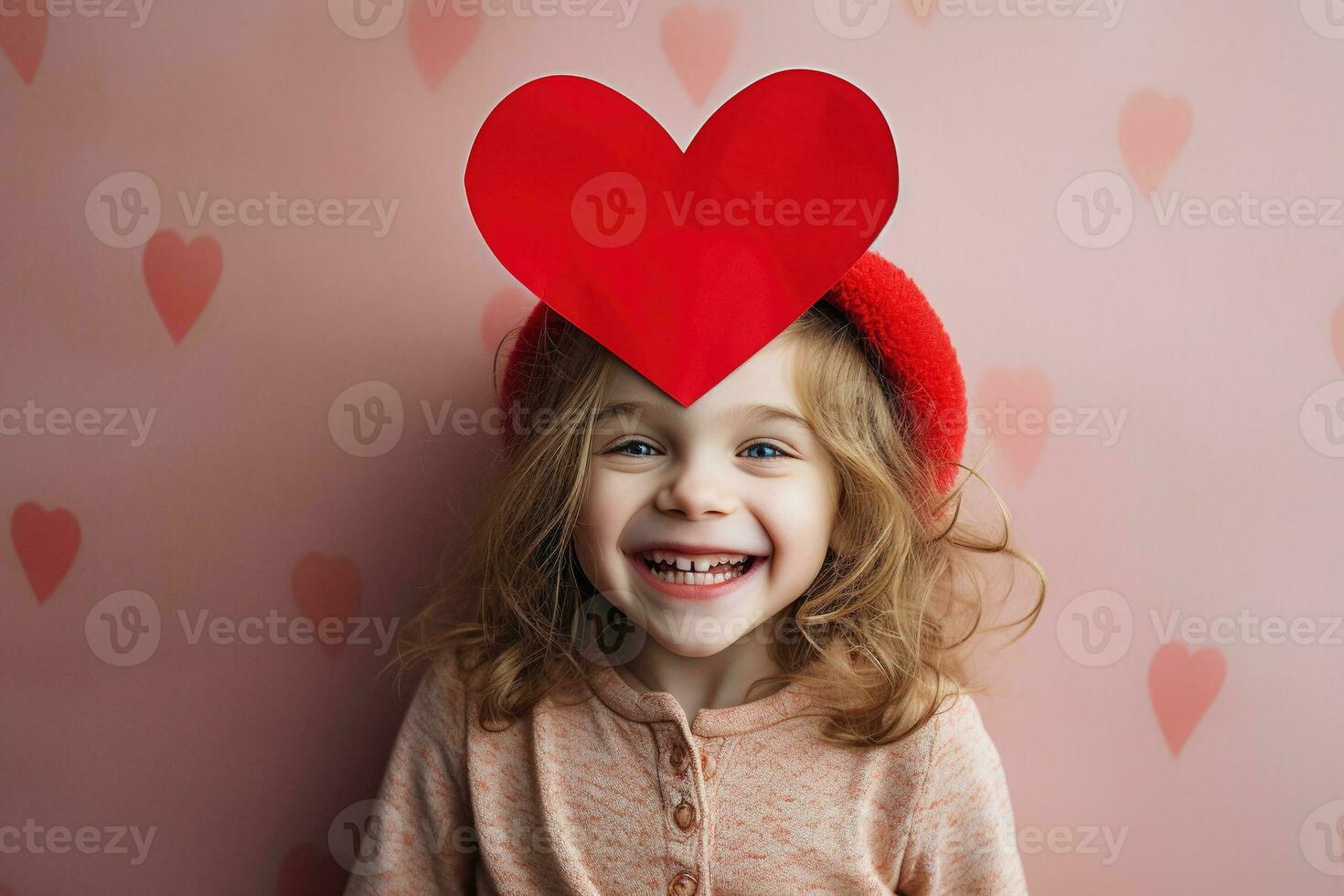 ai gegenereerd portret van een schattig weinig meisje met rood hart Aan valentijnsdag dag concept. foto