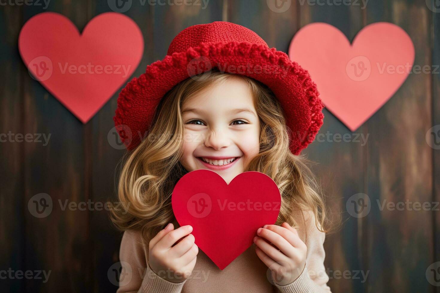 ai gegenereerd portret van een schattig weinig meisje met rood hart Aan valentijnsdag dag concept. foto